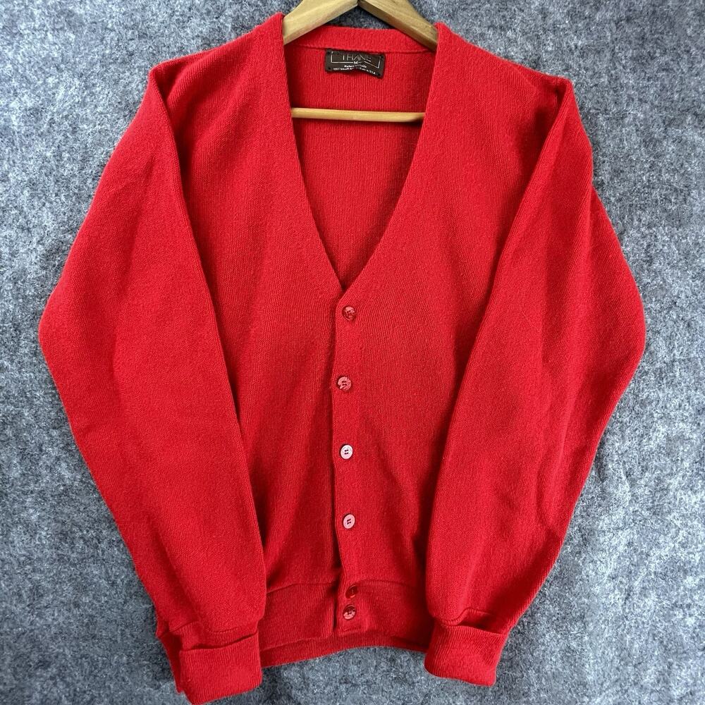Vintage Thane Sweater‎ Mens Medium Red Cardigan Cuffed 70s Orion Acrylic